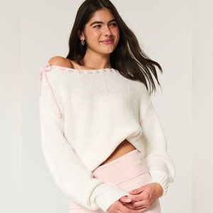 Hollister Off-Shoulder White Sweater with Pink Accents